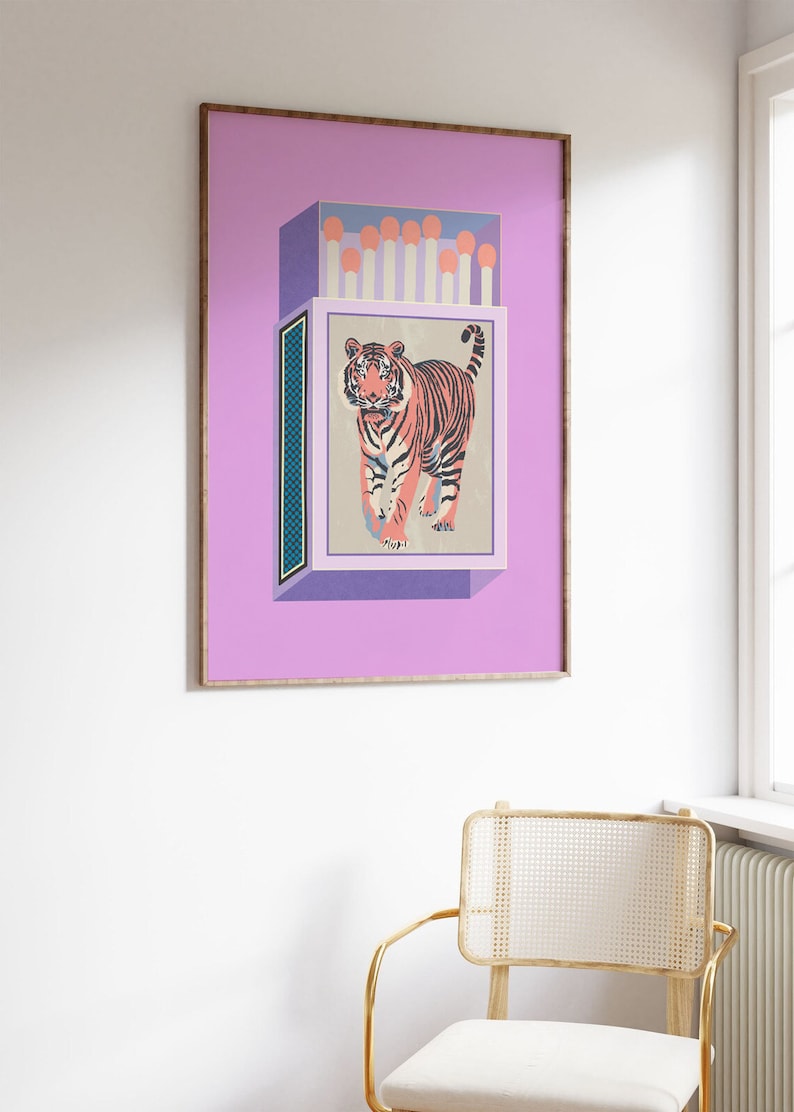 Retro Matchbox Art Print Pink Lavendar Luxe Boho Chic Maximalist Wall Art Tiger Print image 4