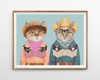 Cowboy Cats Art Print - Preppy dorm room decor aesthetic poster, Maximalist Room Decor