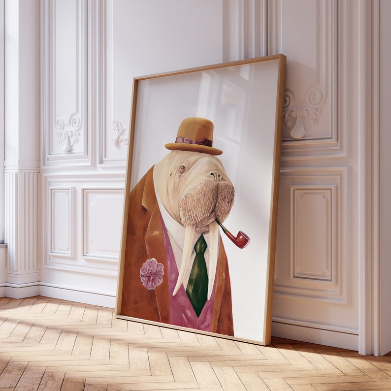 Walrus Painting Digital Download Printable Wall Art, Dapper Animals in Clothes Retro Vintage Mid century Room Decor image 8