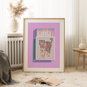 Retro Matchbox Art Print Pink Lavendar Luxe Boho Chic Maximalist Wall Art Tiger Print image 6