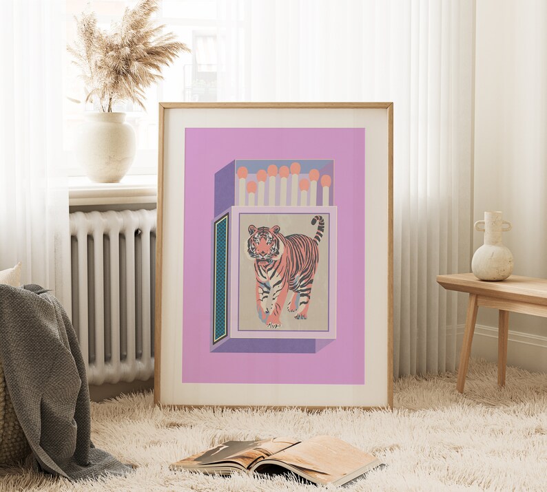 Retro Matchbox Art Print Pink Lavendar Luxe Boho Chic Maximalist Wall Art Tiger Print image 6