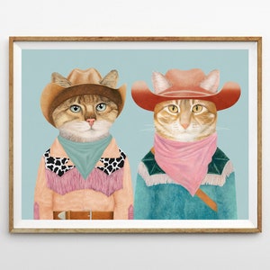 Cowboy Katzen Kunstdruck - Ingwer Katze Cowboys Wandkunst - Buntes vielseitiges Raumdekor - Orange Katze Western Maximalist Dekor