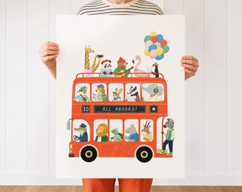 Animals on a Red Bus Illustration, Kids Playroom Room Decor, Printable Digital Download