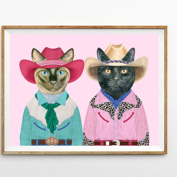 Colorful Retro Maximalist Western Rodeo Cats Wall Art - Black cat Siamese Cat Large Funky Cat Portrait Room Decor