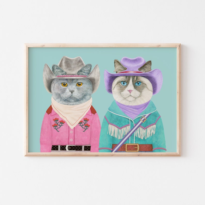 Rodeo Cats Art Print, Colorful Western Room Decor, Cat Lovers Gift, Cute Cat Poster, Eclectic Home Decor, Boho Wall Art image 1