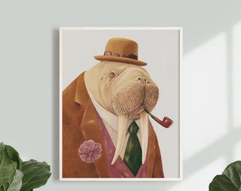 Walrus Art Print - Dapper Animal Art Print - Animals in Clothes Painting Print - Mid century Decor