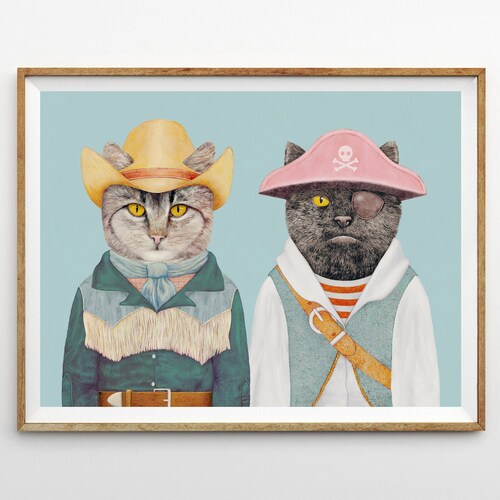 Cowboys and Pirates Art Print - Eclectic Colorful Cats Wall Art Prints - Kids Room Adventure Art