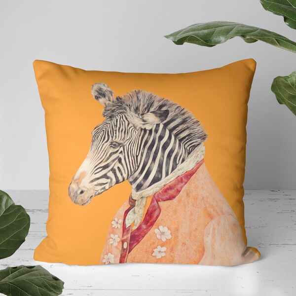 Zebra Marigold Throw Pillow - Zebra with Flowers - Animal Pillow - Zebra Print Cushion - Pantone Color Marigold Decor