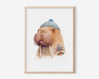 Tattooed Walrus Art Print - Nautical Nursery Wall Art - Tattooed Sailor Sea Walrus