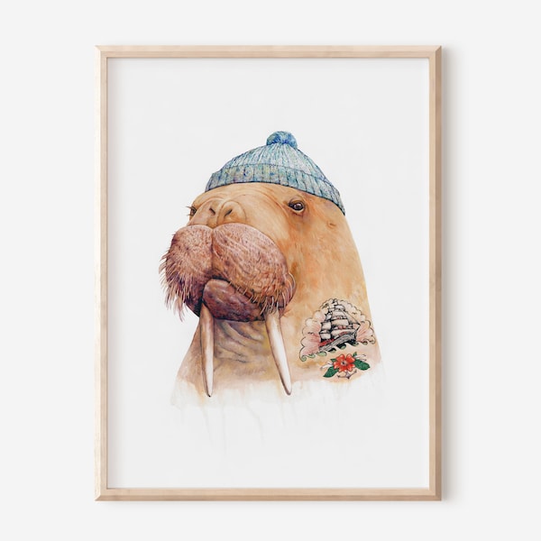 Tattooed Walrus Art Print - Nautical Nursery Wall Art - Tattooed Sailor Sea Walrus