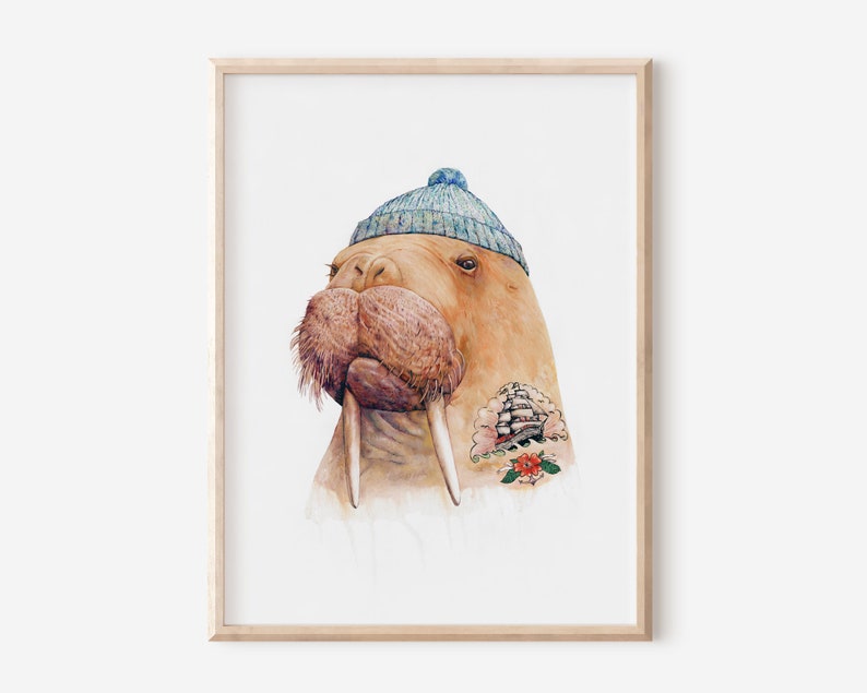 Tattooed Walrus Art Print Nautical Nursery Wall Art Tattooed Sailor Sea Walrus image 1