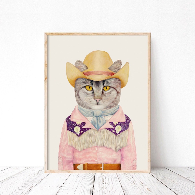 Impression d'art chat cowboy décoration murale pastel country western, impression bohème western, décoration du sud-ouest de la maison, décoration moderne originale image 1