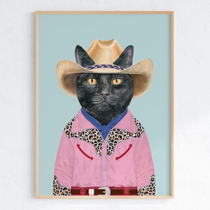 Black Cat Cowboy art print - Cool Western Quirky Decor Custom Pet portrait Retro Leopard Cowgirl Meowdy Wall Art