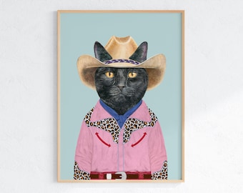 Black Cat Cowboy art print - Cool Western Quirky Decor Custom Pet portrait Retro Leopard Cowgirl Meowdy Wall Art