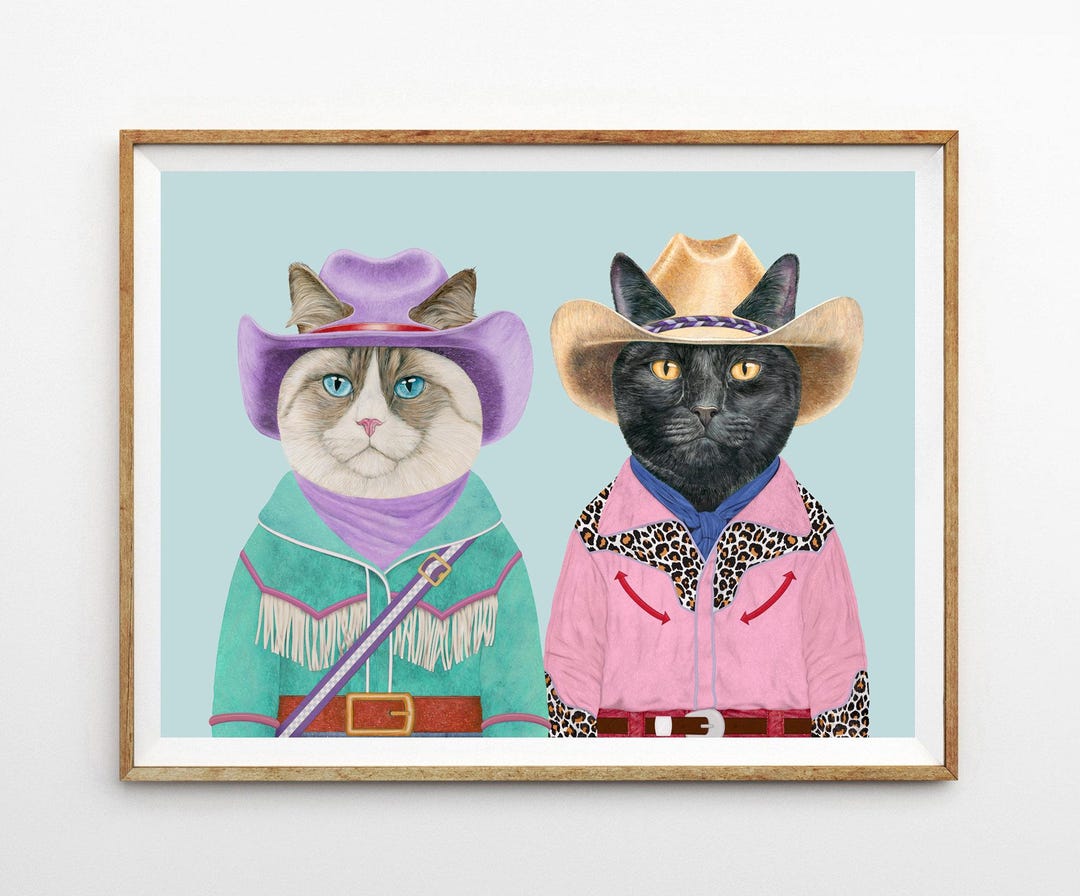 Rodeo Cats Art Print, Grey Cat, Black Cat, Radoll Cat, Colorful Wall ...