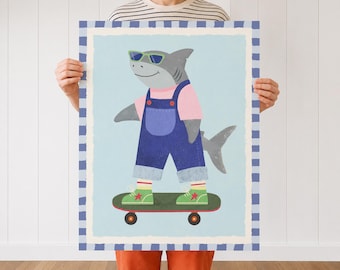 Skater Shark Wall Art, Cool Blue Nursery Decor, Printable Digital Download Poster
