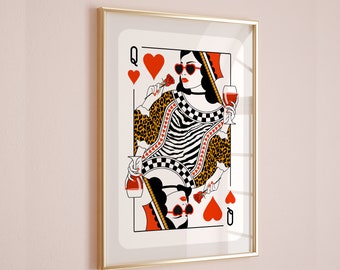 Queen of Hearts Trendy Retro Dorm Room Poster Dopamine Decor Maximalist Modern Apartment Wall Art Printable Digital Poster