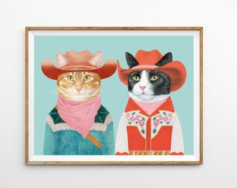 Cowboy Cats Art Print - Orange Cat, Tuxedo Cat, Colorful Maximalist Wall Art, Western Room Decor, Cat lovers Gifts, Eclectic Ranch Art