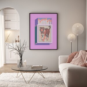 Retro Matchbox Art Print Pink Lavendar Luxe Boho Chic Maximalist Wall Art Tiger Print image 3