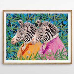 Twin Zebras - Colorful Maximalist Art Print - Large Funky Zebra Print, Vibrant Tropical Jungle Home decor, Eclectic Quirky Wall Art