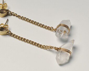 Chain Earrings, Crystal Earrings, Crystal Chain Earrings, Stud Chain Earring, Quartz Crystal Earrings, Brass Chain Earrings, Stud Earrings