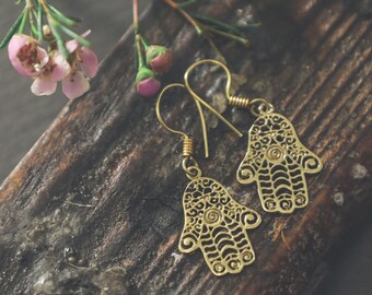 Hasma Hand Earrings, Hand of Fatima, Evil Eye jewellery, protection amulet, Good luck jewellery, best friend gift, brass bohemian  earrings
