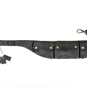 Langer Lederschwarzer Drei-Taschen-Gürtel, Reisegürtel, Leder-Gürtel, Bumbag, Plus Size, extra große Gürteltasche, Festivalgürtel, Gürteltasche