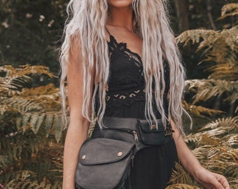 Black Leather Fringed Pocket Belt Bag | Burning Man Festival Belt | Utility pocket belt | Boho Bum Bag | Fanny Pack | Black Travel Belt |