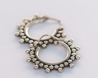Silver Crystal Hoops, silver tribal earrings, silver hoops, silver hoop earrings, ethnic earrings, silver boho earrings, silver hoops
