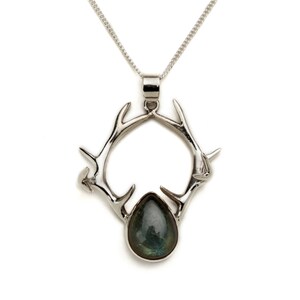 Silver Antler  Pendant with labradorite, boho jewelry, silver pendant, antler pendant, antler necklace, stag pendant, stag necklace