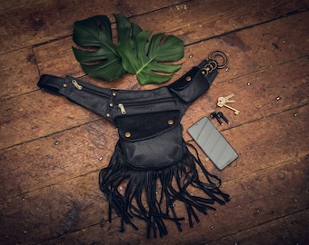 Black Leather Fringed Side Pocket Belt | Burning Man Festival Belt | Tasselled Bum bag| Boho Travel Belt | Fanny Pack