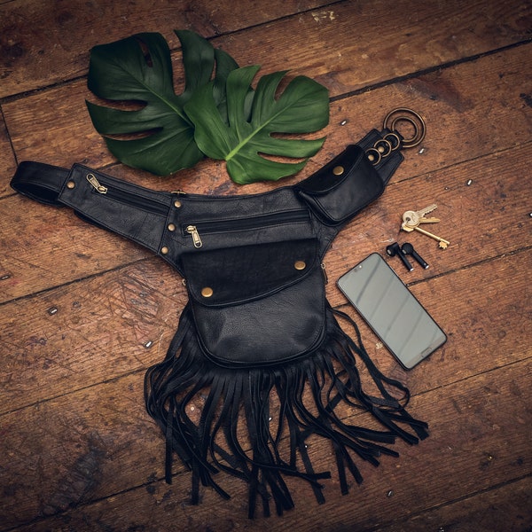 Leather Fringed Side Pocket Belt | Burning Man Festival Belt | Tasselled Bum bag| Boho Travel Belt | Fanny Pack