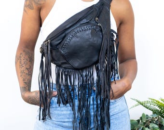 Oversized Vegan Bum Bag Black, Tassel Festival Waist Bag, Large Statement Hip Bag Travel Crossbody, Cedar Belt