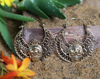 Golden Skull Hoops | Day Of The Dead Jewelry | Candy Skull Earrings | Thick Hoop Earrings | Biker Aesthetic Earrings | Quirky Earrings Gold