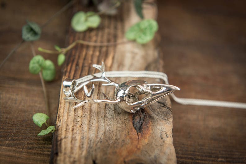 May include: Silver pendant necklace featuring a detailed bird skull with antlers. The necklace is on a wooden surface with green leaves.