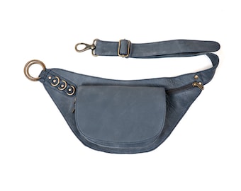 Blue Leather Nelya Belt,  Grey Cross Body Bag , Hip Bag, Utility Belt, Leather Travel Belt, Black Bum Bag, Pocket Belt, festival Belt