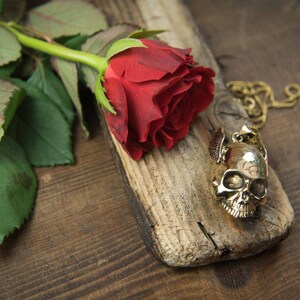 May include: A single red rose with green leaves lies on a piece of weathered wood. A gold skull pendant hangs from a chain on the wood.