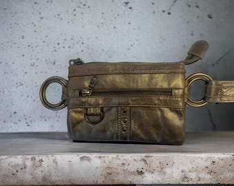 Dark Gold Leather Lila Belt - Compact Leather Belt Bag, Minimalist Hip Pouch, Small Crossbody Bum Bag, Travel Utility Belt, Gold Fanny Pack