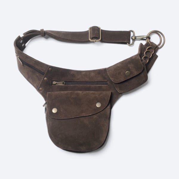 Suede Hip Bag Women Brown, Festival Bum Bag Multi Pocket, Adjustable Waist Bag Travel Crossbody