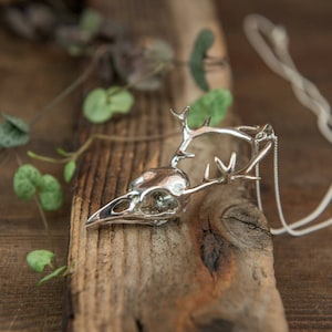 May include: A silver necklace with a bird skull pendant and antlers. The pendant is on a wooden surface with green leaves.