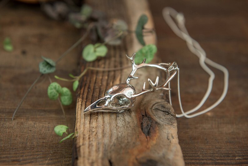 May include: A silver necklace with a bird skull pendant and antlers. The pendant is on a wooden surface with green leaves.