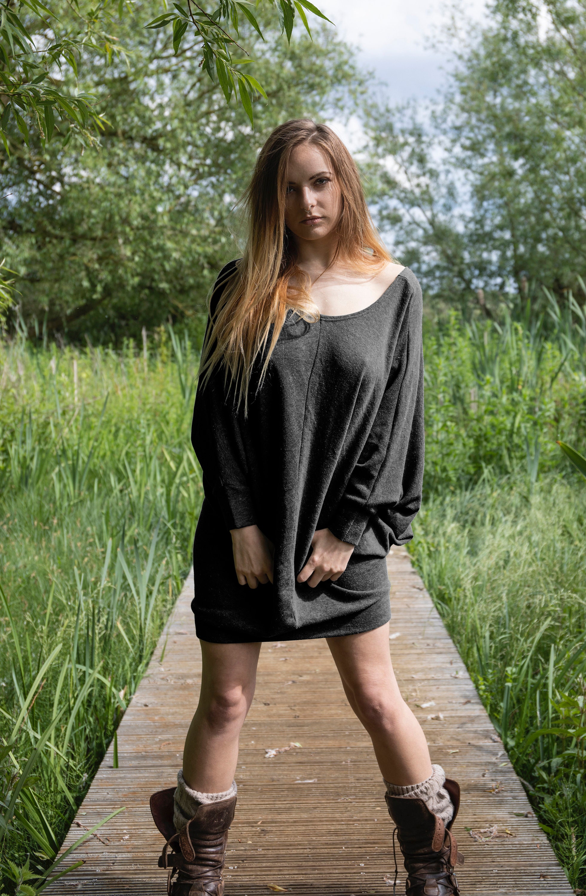 ForageDesign Black Oversized Jumper Dress, Drop Shoulder Sweater, Summer Pullover, Plus Size Knit, Handmade Wide Neck Batwing Jumper, Boho Wool Dress