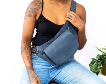 Riñonera de piel azul oscuro, bandolera de piedra, riñonera para festivales