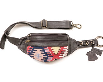 Vintage Brown Leather Kilim Bag - Bohemian Crossbody Bag - Handmade Carpet Bag - Ethnic Bum Bag - Turkish Kilim Waist Bag or Chest Bag