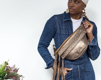 Oversized Leather Bumbag with Studwork | Gold