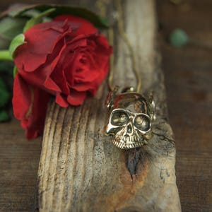 May include: A gold skull pendant necklace on a wooden surface with a red rose.