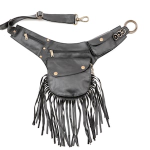 Black Vegan Leather Large Sling Bag, Crossbody Belt Bag, Urban Modern Chest Bag,Adjustable Long Strap Bag, Festival Tassel Waist Bag Women