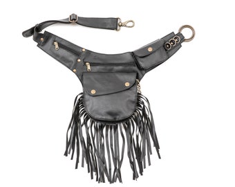 Black Vegan Leather Large Sling Bag, Crossbody Belt Bag, Urban Modern Chest Bag,Adjustable Long Strap Bag, Festival Tassel Waist Bag Women