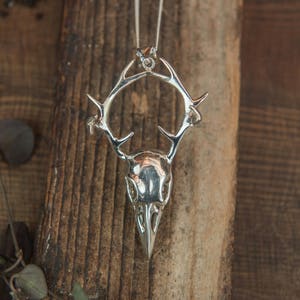 May include: A silver pendant necklace featuring a detailed skull with antlers. The pendant is on a wooden background.