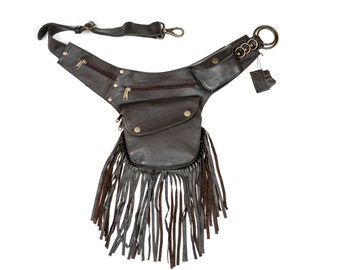 Brown Vegan Leather Tassel Waist Bag - Travel Hip Bag - Boho Utility Belt Bum Bag -Adjustable Crossbody Bag-Handmade, Festival-Ready